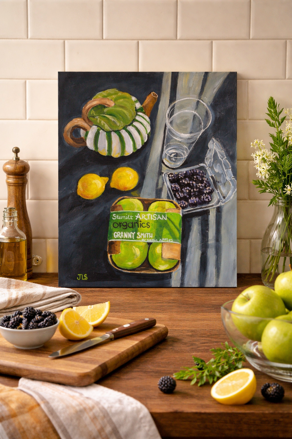 Classic still life painting of a teapot, fruit packets, and a glass of water with reflections.