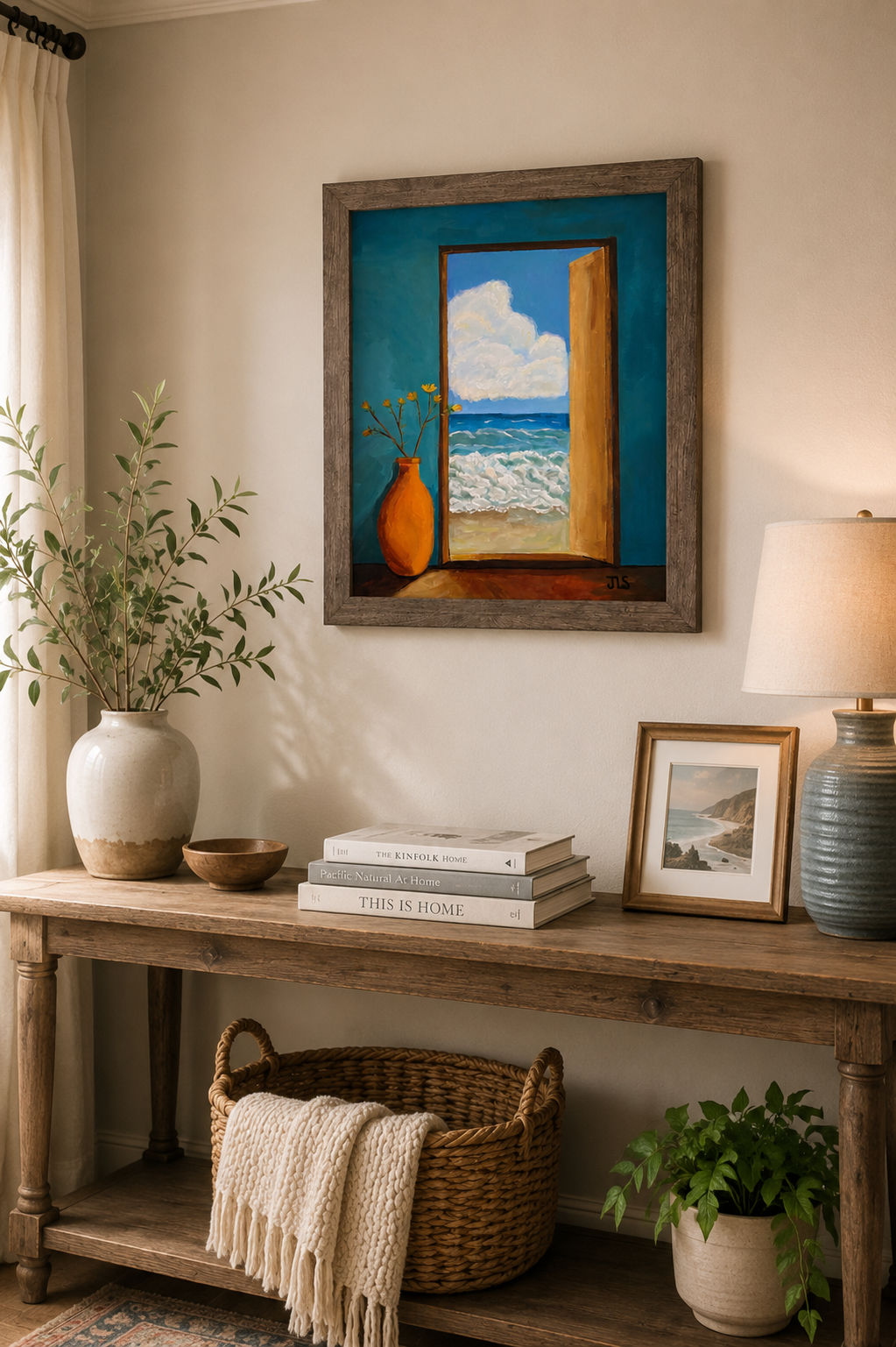 Painting of an open doorway overlooking the ocean with crashing waves, blue sky, soft white clouds, and a vase of yellow flowers.