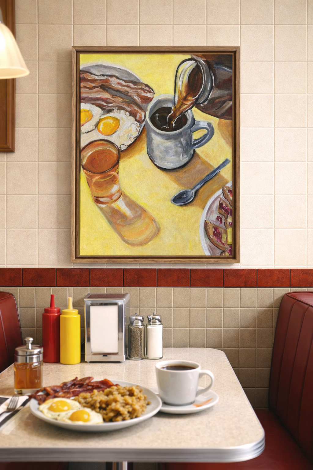 Coffee and eggs, nostalgic, breakfast painting