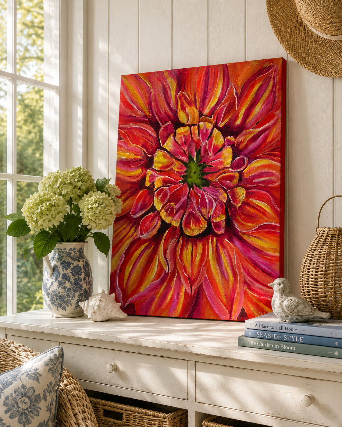 Painting of a close-up pink and orange dahlia flower with layered petals filling the composition.