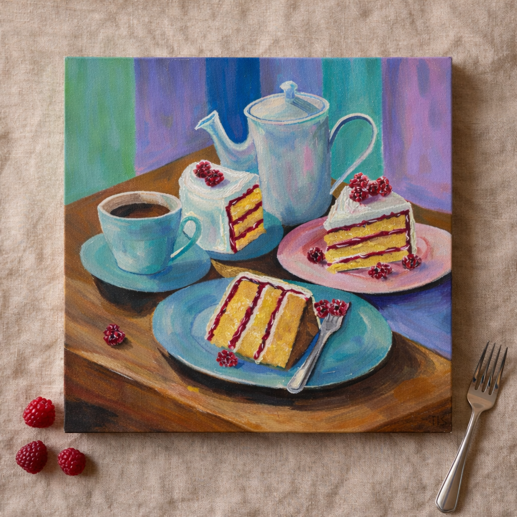 Raspberry layer cake slices with red filling on plates with a blue teapot and coffee cup on a table