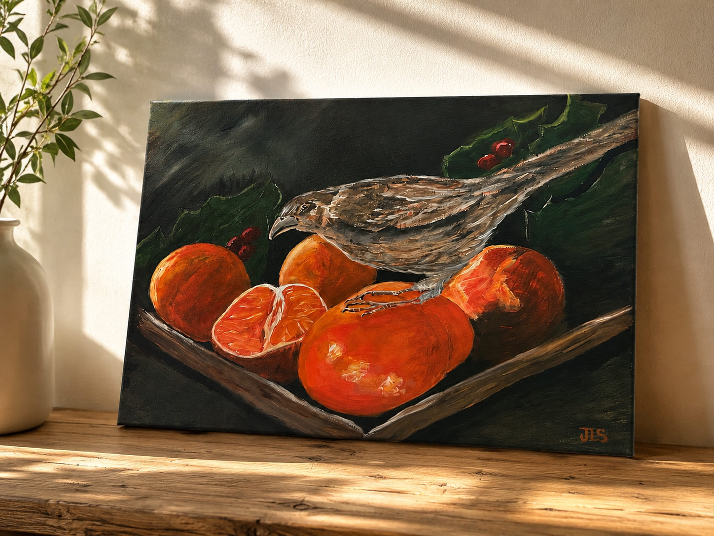 Sparrow perched on bright oranges, with holly leaves and red berries against a dark background. Warm light highlights the bird’s feathers and the glowing citrus, creating a rich still life
