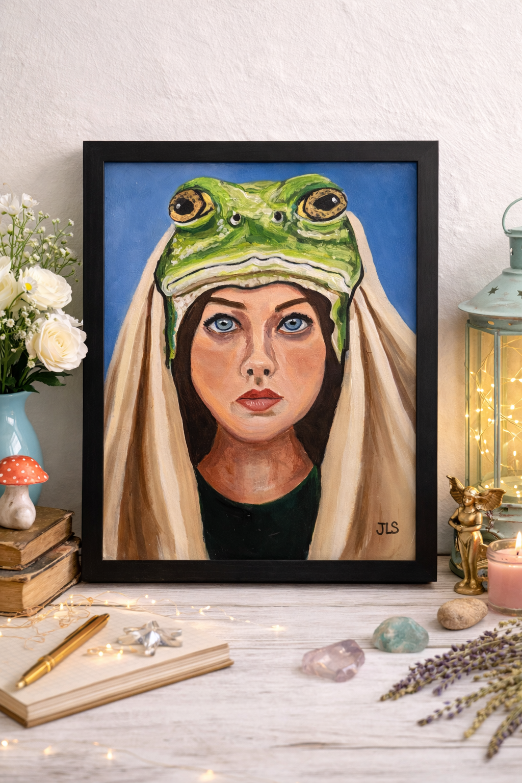 Portrait painting of a girl with a frog on her head.