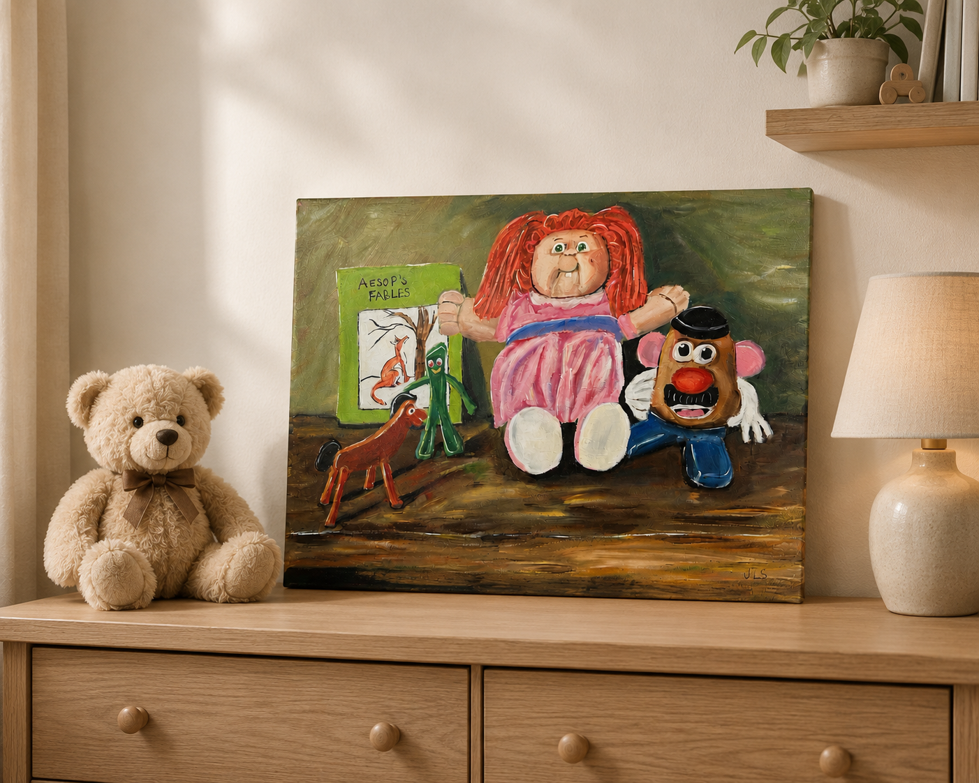 Painting of vintage childhood toys including a Cabbage Patch doll, Mr. Potato Head, Gumby, Pokey, and a toy horse arranged in a nostalgic still life.