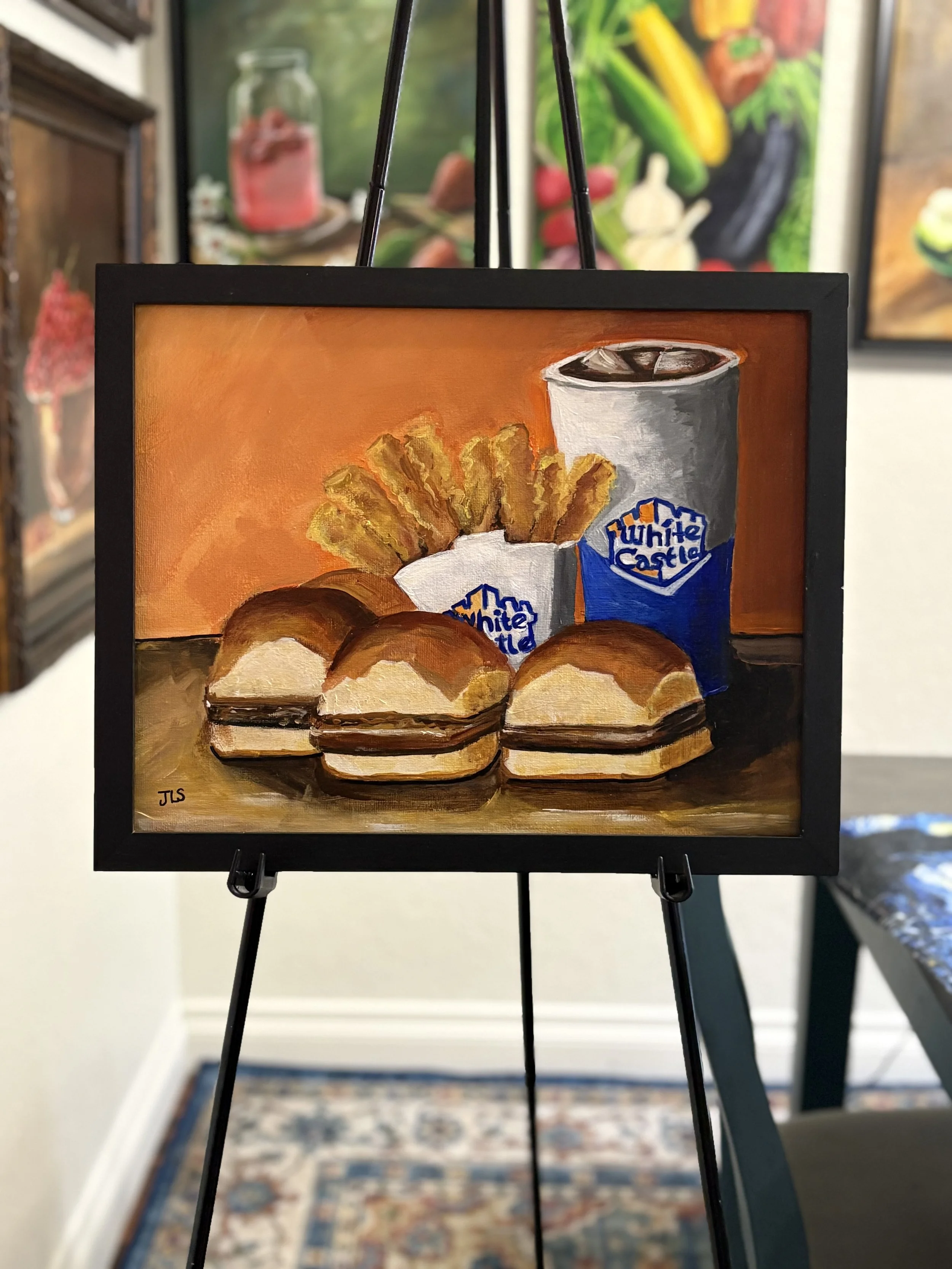 White Castle Burgers and fries Painting 11 x 14”framed, Free Shipping