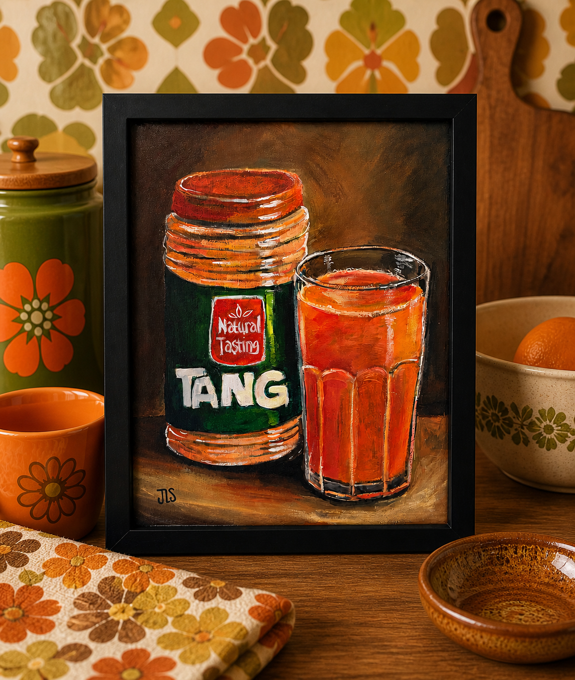 Tang jar and orange drink in a faceted glass still life