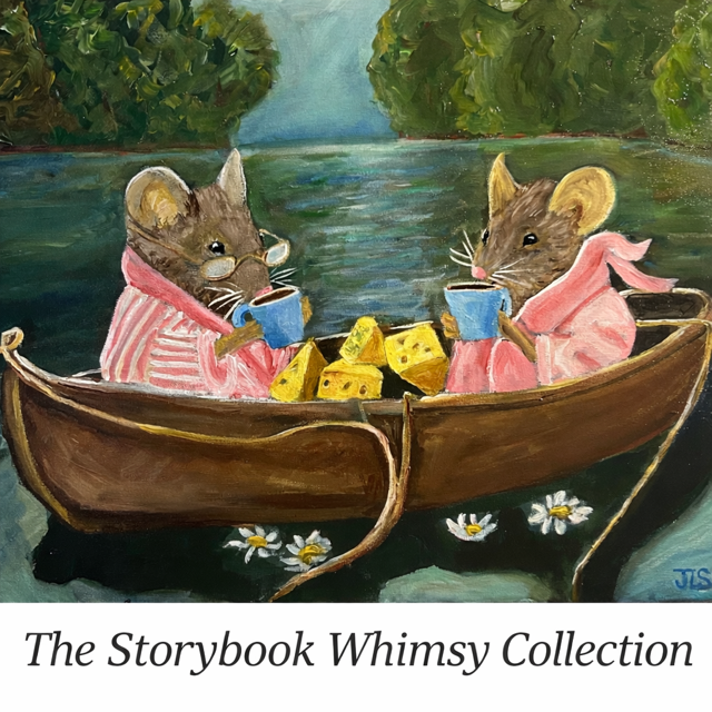 Two anthropomorphic mice wearing pink hoodies sit in a wooden boat on a lake, enjoying cheese and tea with a background of green trees and calm water.