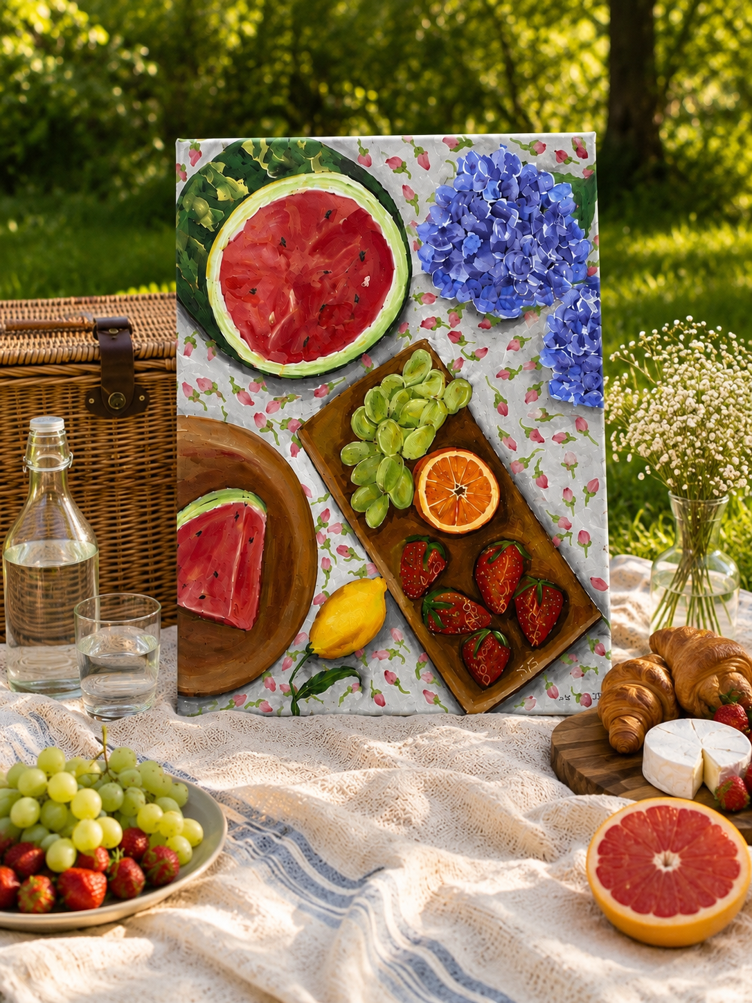Painting of a picnic still life featuring watermelon, strawberries, grapes, citrus fruit, and blue hydrangeas arranged on a floral tablecloth.