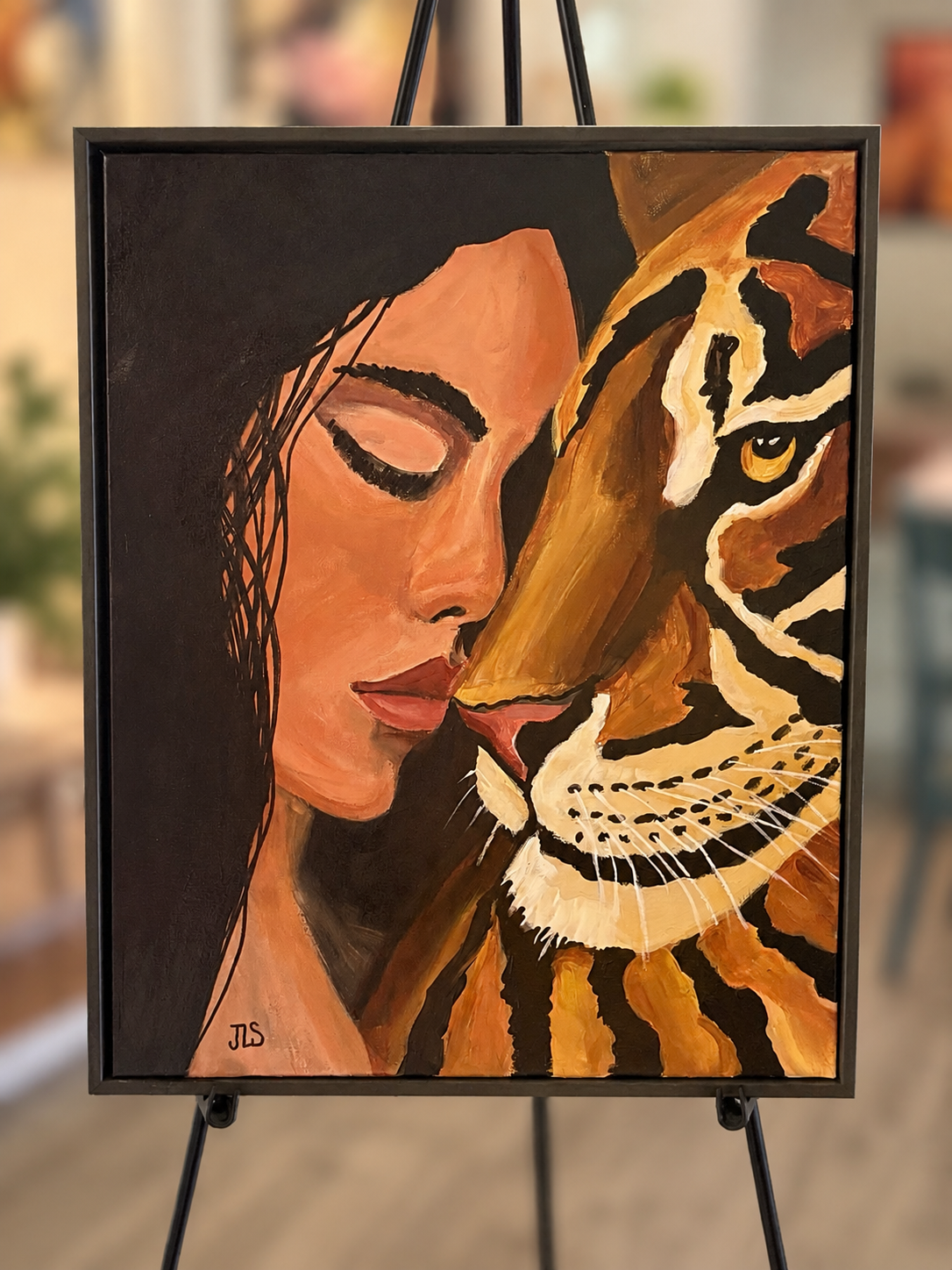 Painting of a woman resting beside a tiger, original acrylic figurative portrait by Jane L. Sayers.