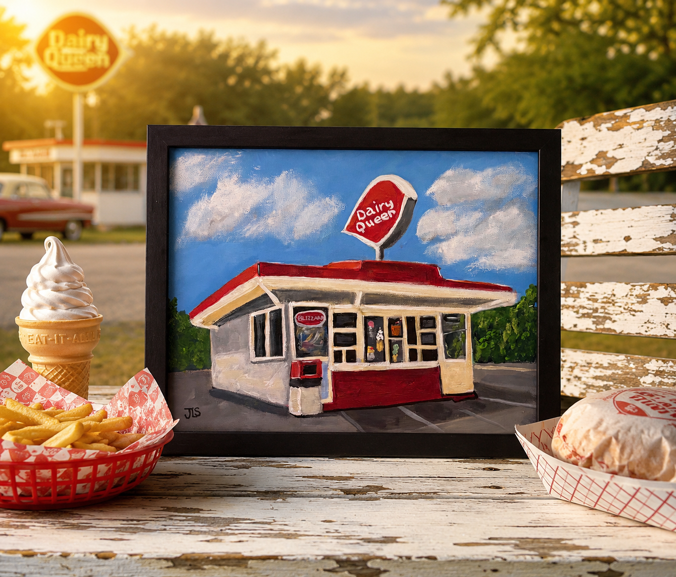 Acrylic painting of an old-fashioned Dairy Queen with retro roadside sign, bright sky, trees, and small-town Americana setting