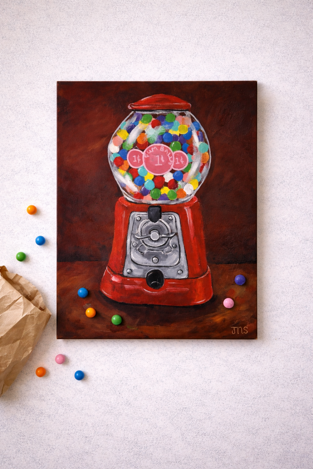 Painting of a vintage red gumball machine filled with colorful gumballs against a dark background, nostalgic candy still life artwork