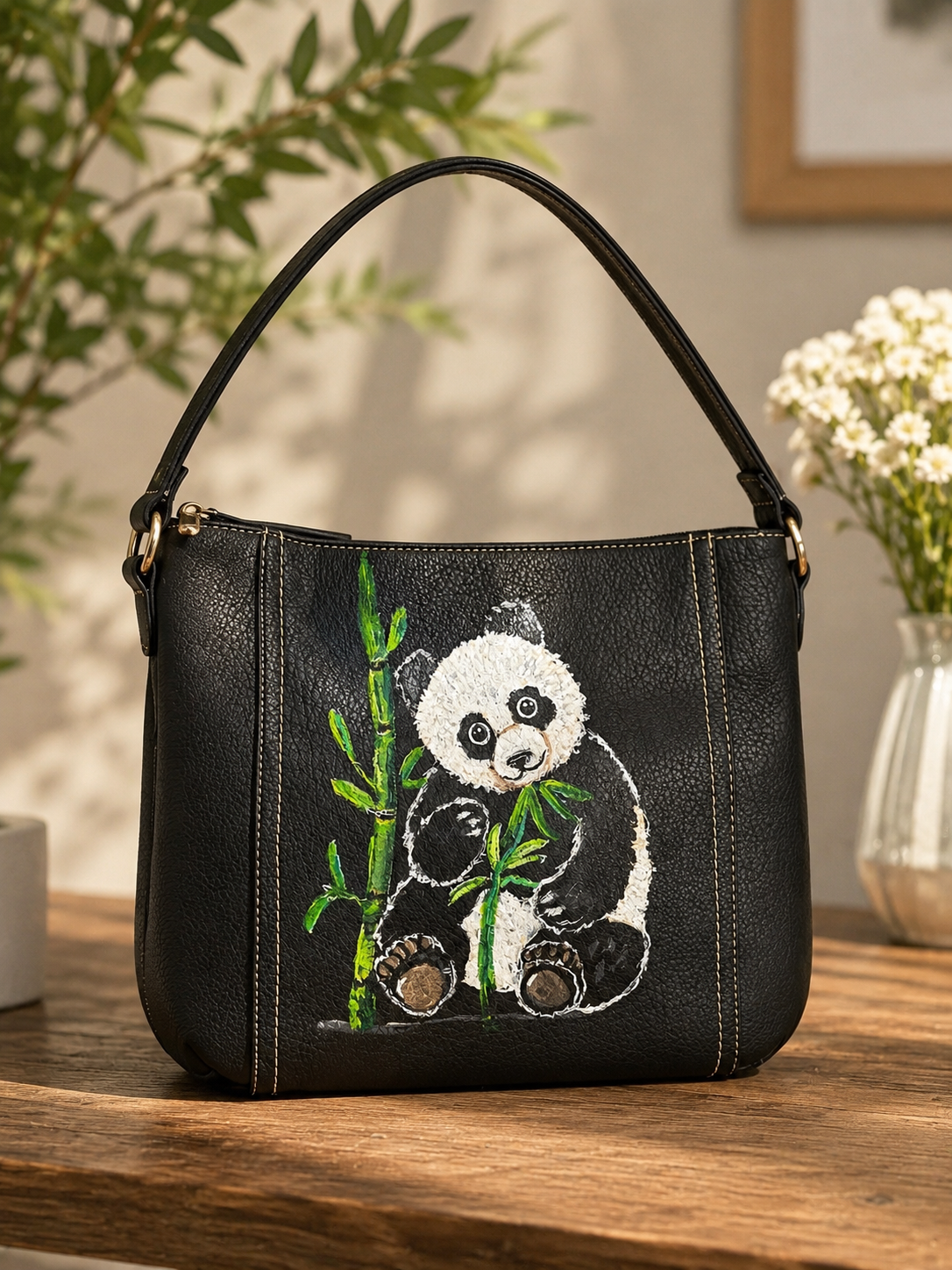 A black panda surrounded by green bamboo leaves against a dark background.