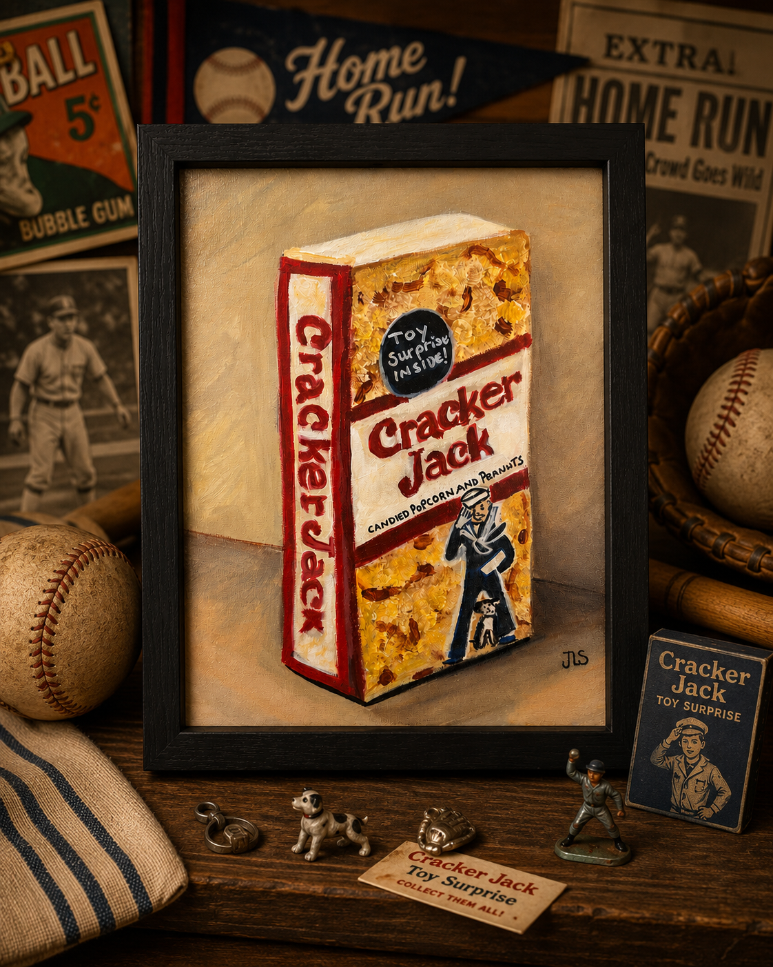 Vintage Cracker Jack box with a red, white, and blue striped design featuring the sailor mascot and dog against a dark background.