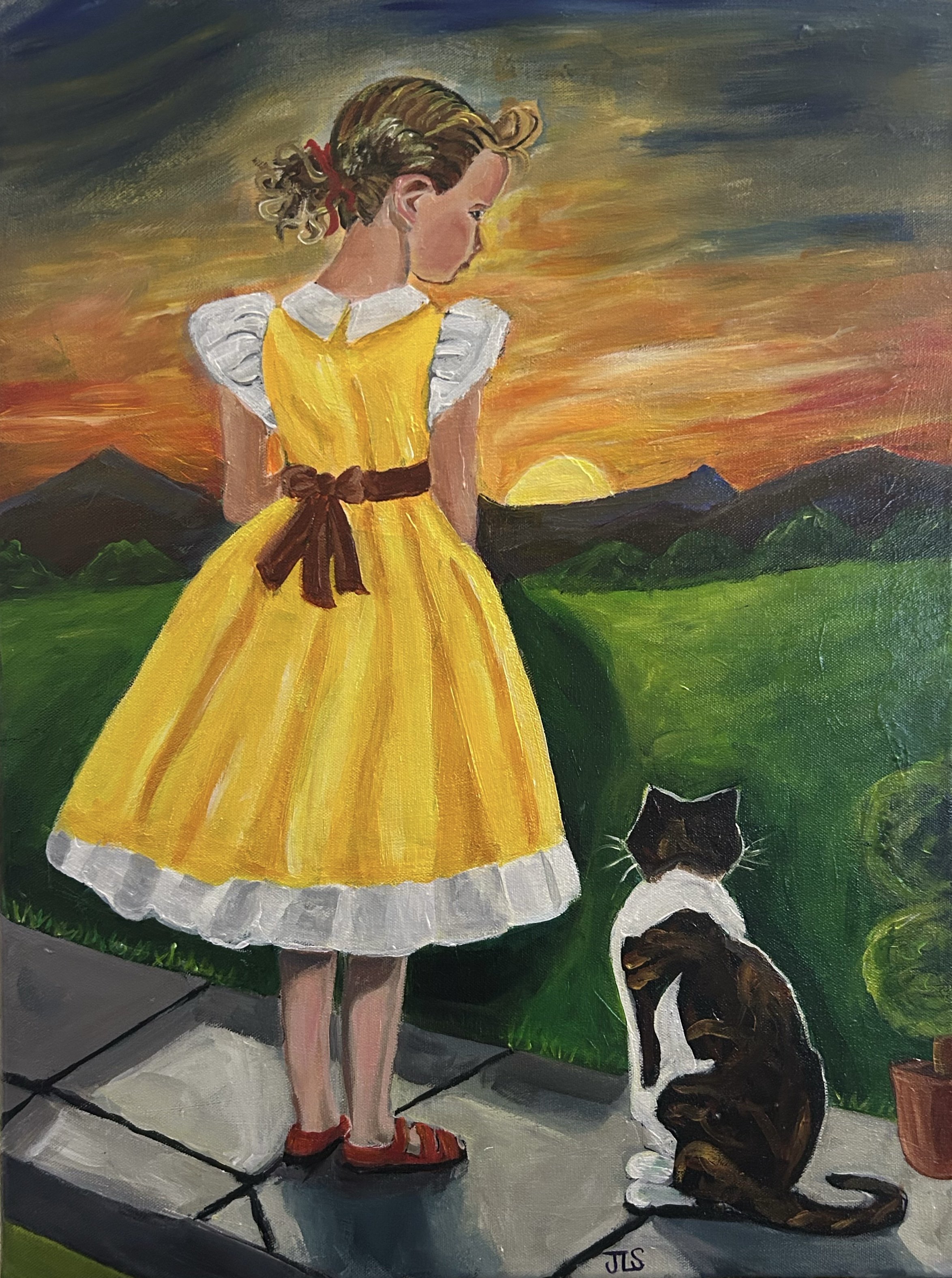 Girl in Yellow dress with cat print