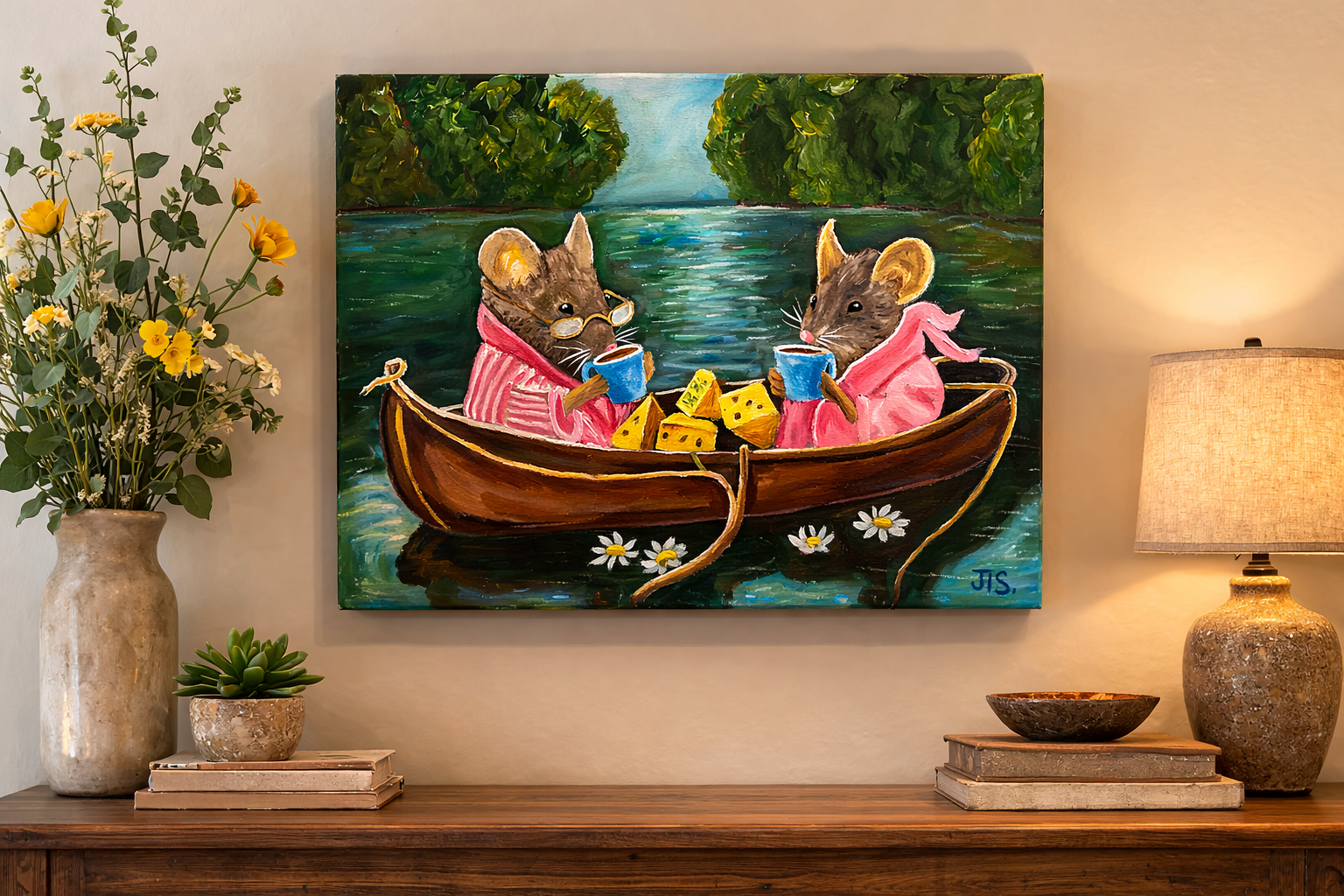 Whimsical painting of two mice sipping tea in a rowboat filled with cheese on a lake.