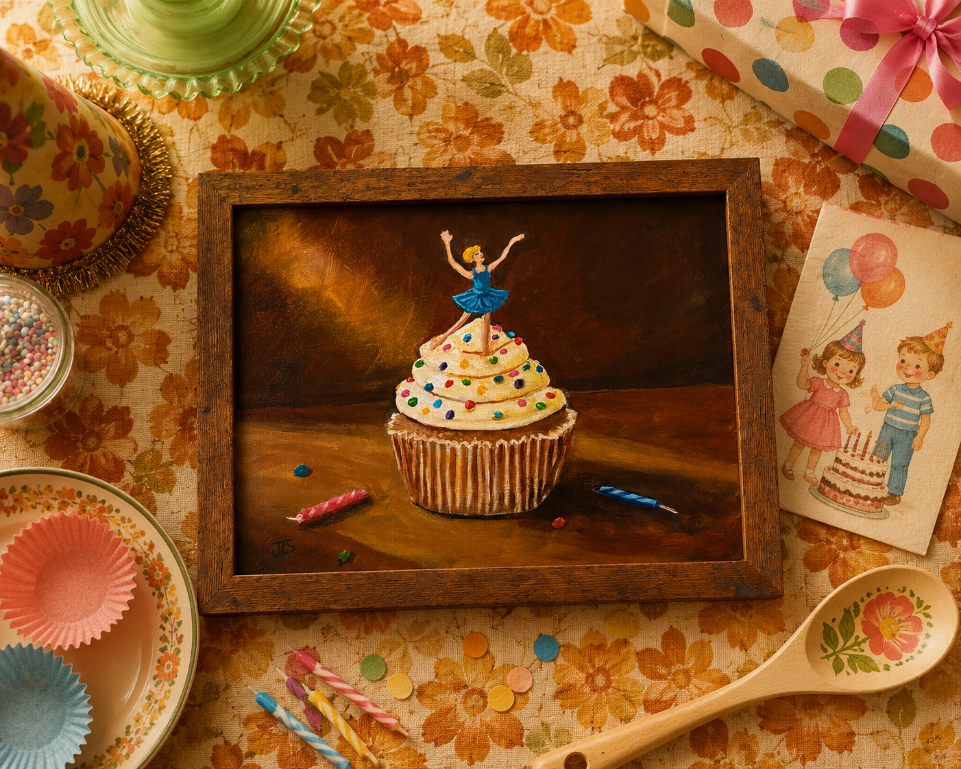 Painting of a retro birthday cupcake topped with colorful sprinkles, striped birthday candles, and a classic blue ballerina cake topper against a warm brown background.