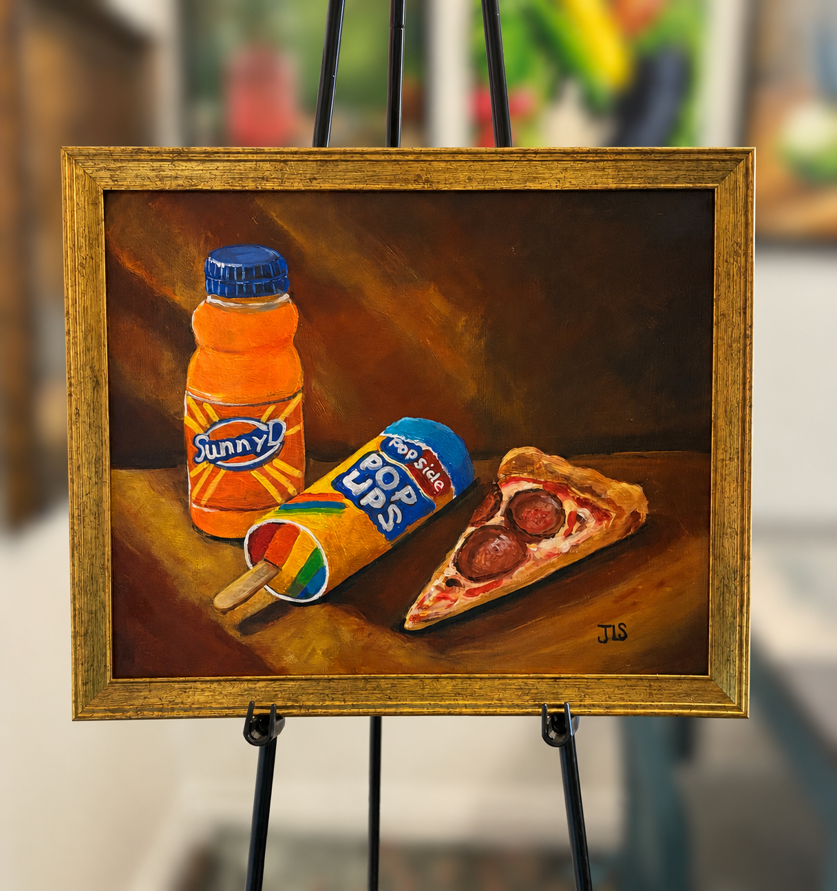 Painting of a bottle of SunnyD, a wrapped rainbow Popsicle, and a slice of pepperoni pizza resting on a tabletop with warm afternoon light and a softly textured brown background