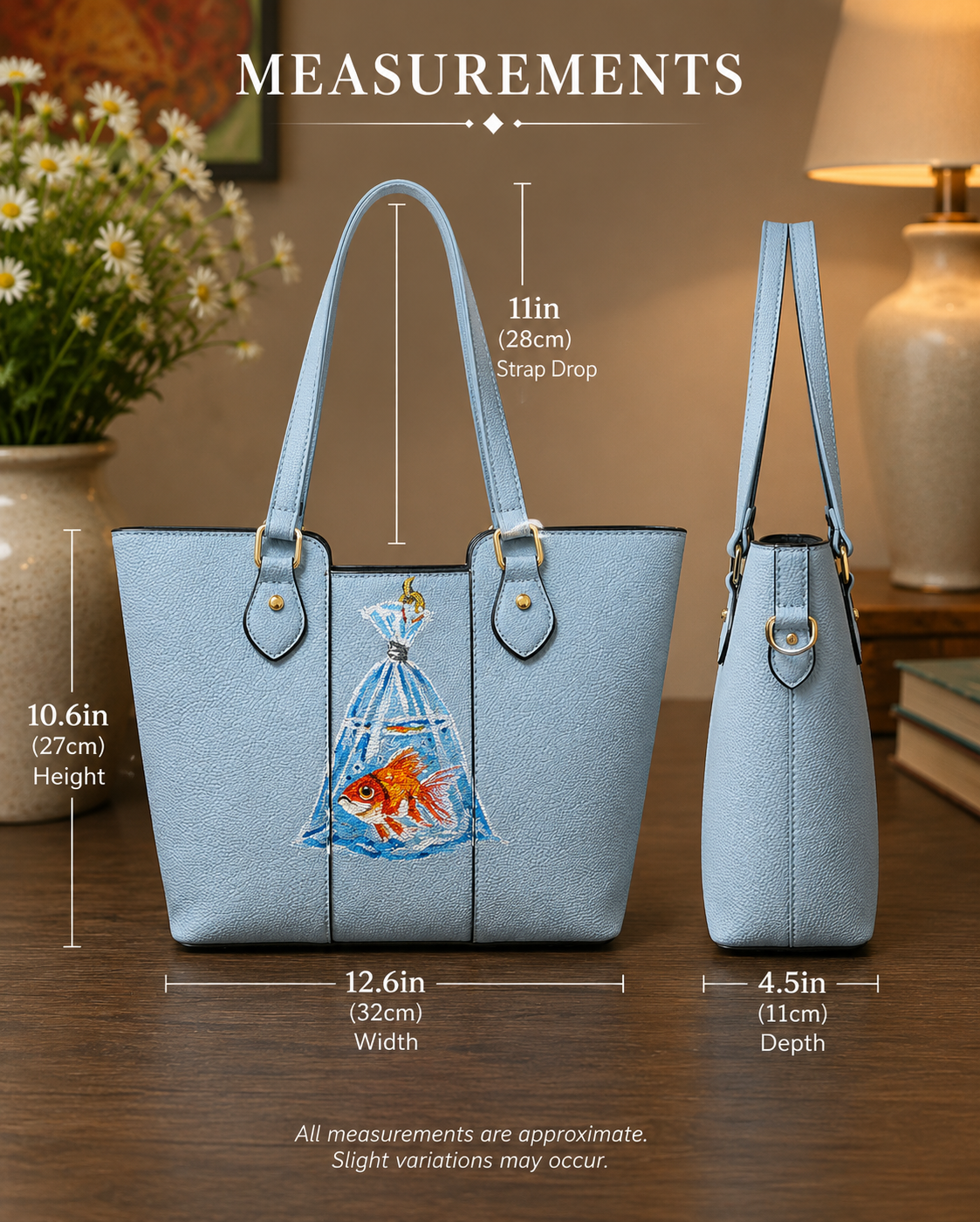 Blue structured shoulder handbag with hand-painted goldfish in a bag artwork and gold-tone hardware
