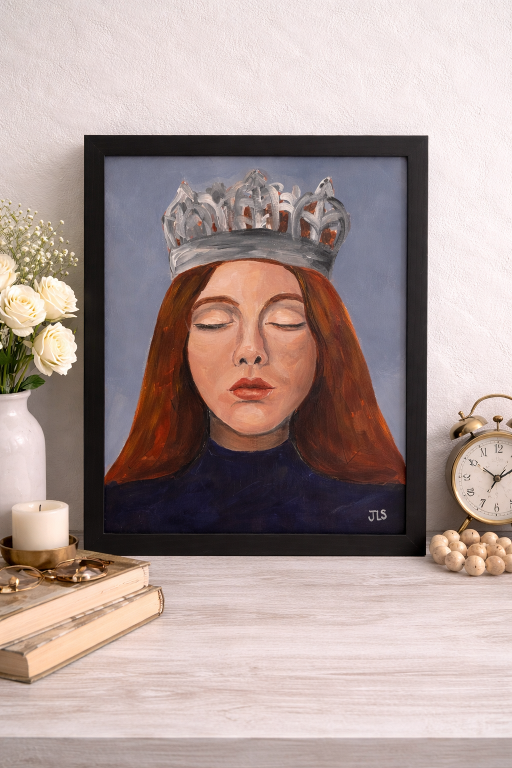 Portrait painting of a girl with eyes closed wearing a crown.