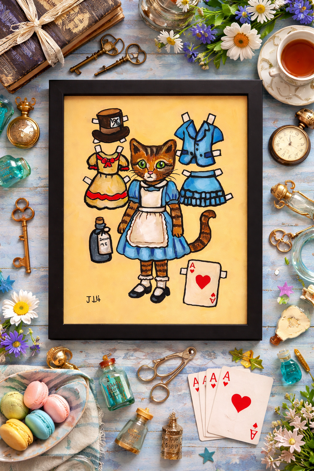 Nostalgic painting of an Alice in Wonderland cat paper doll.