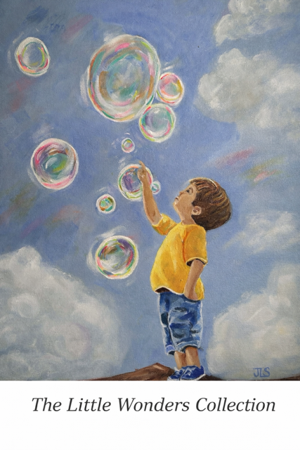 A young boy in a yellow shirt and blue shorts is reaching up to touch bubbles floating in the sky.