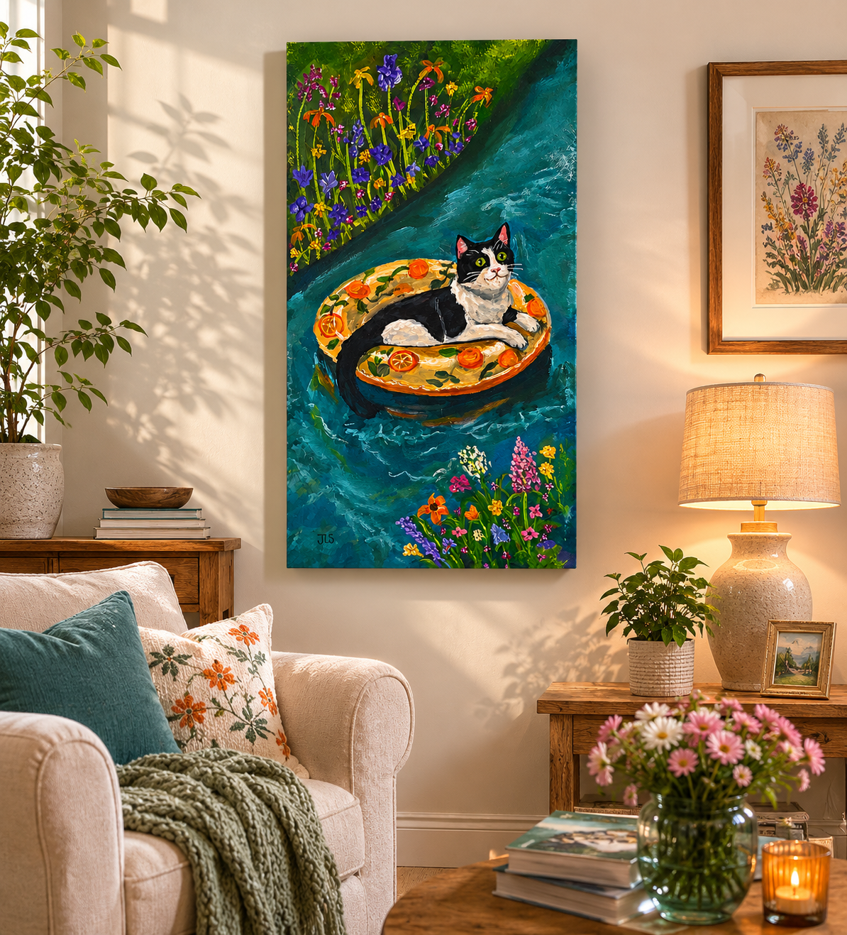 Black and white cat drifting peacefully on a colorful float amid bright wildflowers and reflective blue water on a summer day