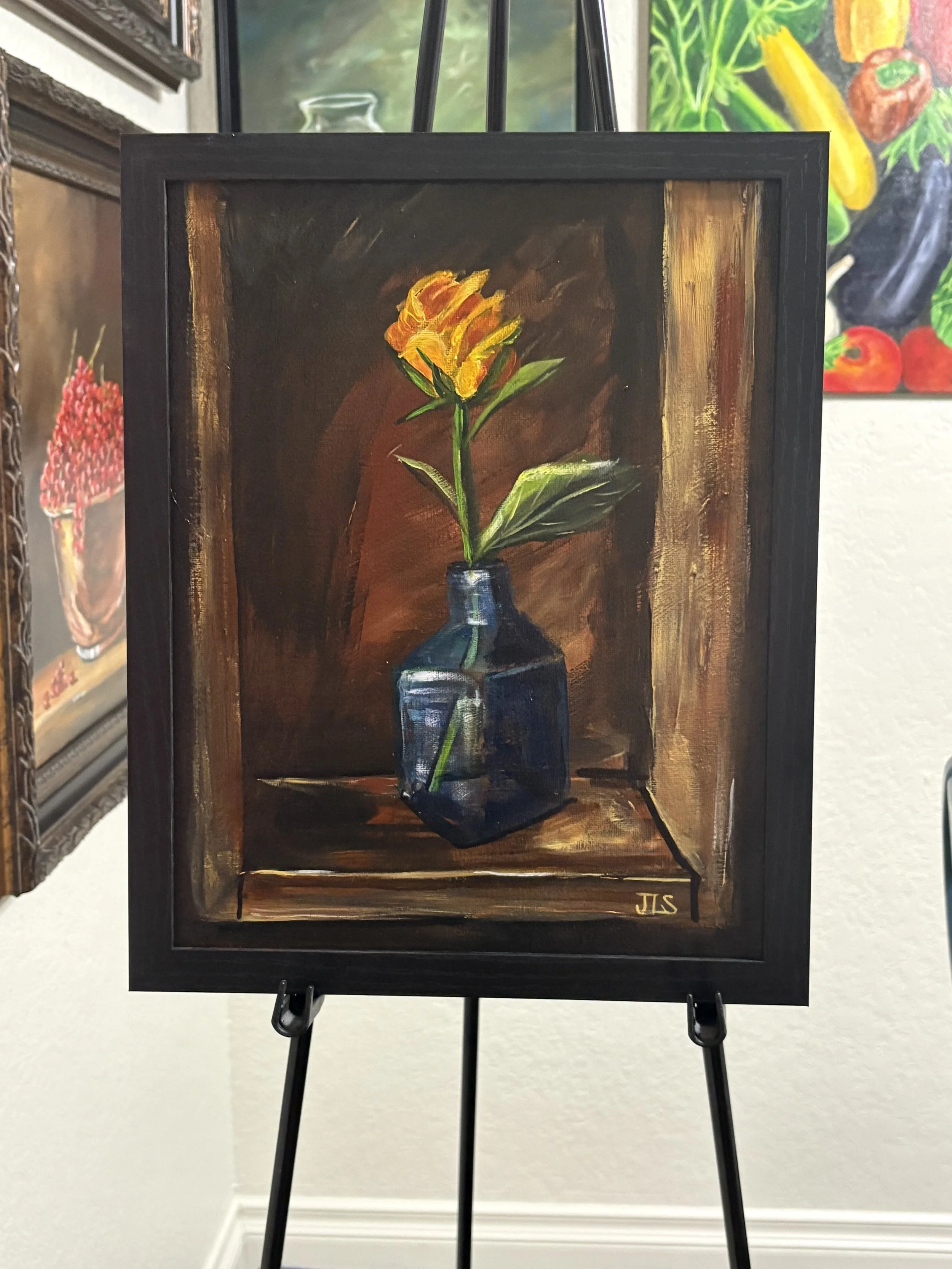 Rose in Glass Bottle Painting, 11 x 14 framed, Free Shipping