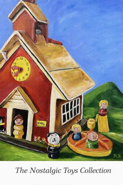 Colorful painting of a schoolhouse with a clock, surrounded by children toys and figurines, with a blue sky and green hills in the background.