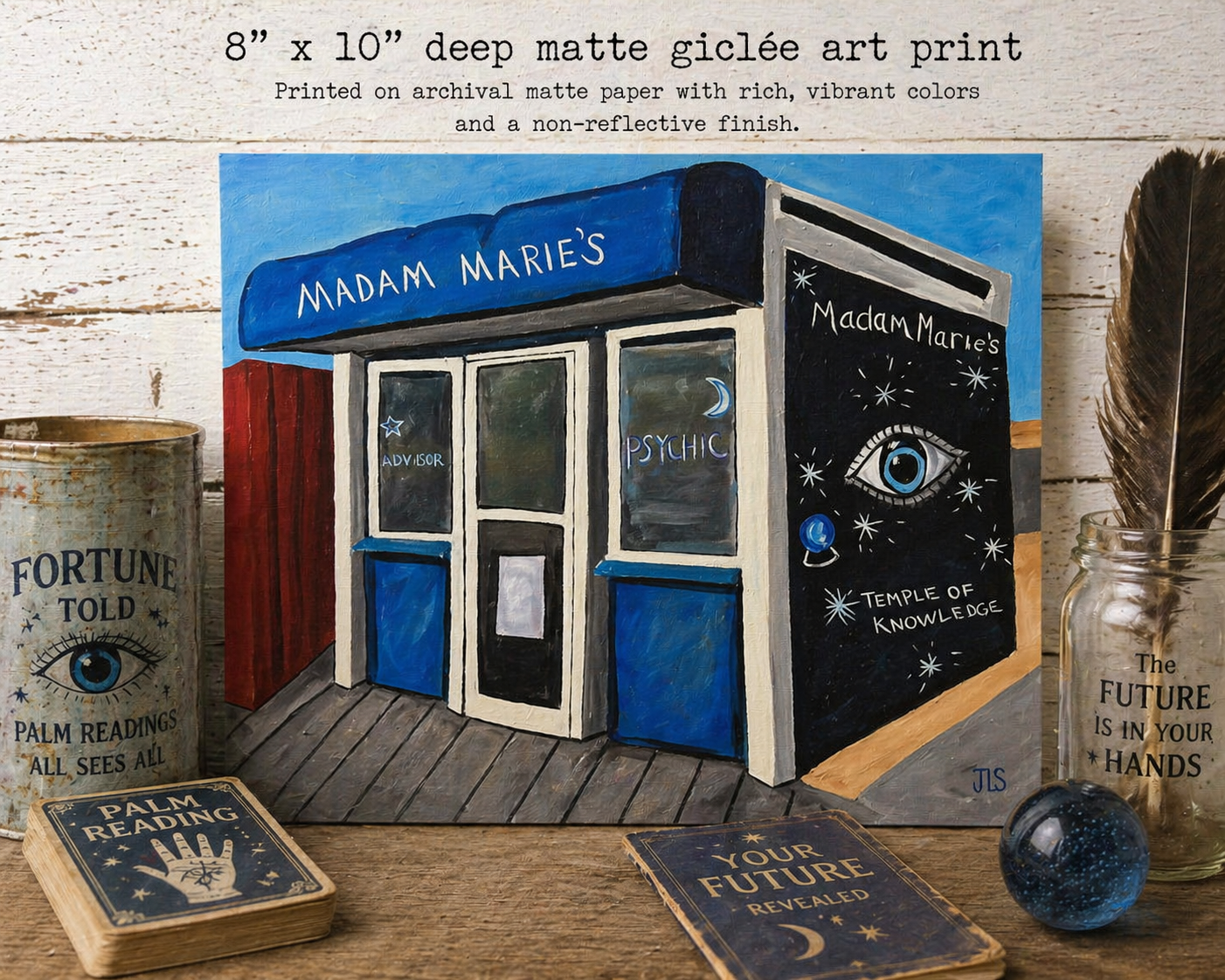 psychic booth with madam marie’s sign, palm reading, eye illustration, and boardwalk storefront