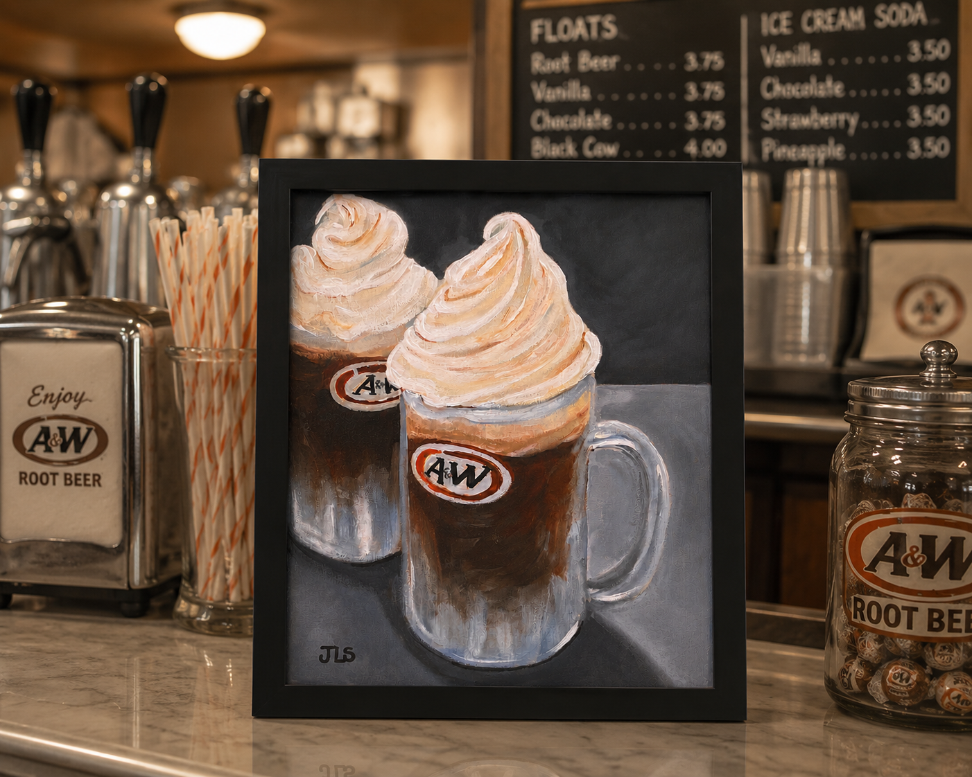Two frosty root beer floats in glass mugs with creamy foam on a dark tabletop against a moody background.