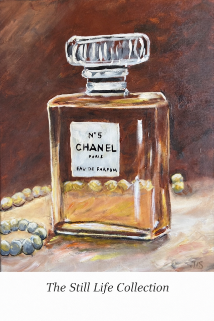 A painting of a Chanel No. 5 perfume bottle with pearls beside it, depicted with warm tones and shading.
