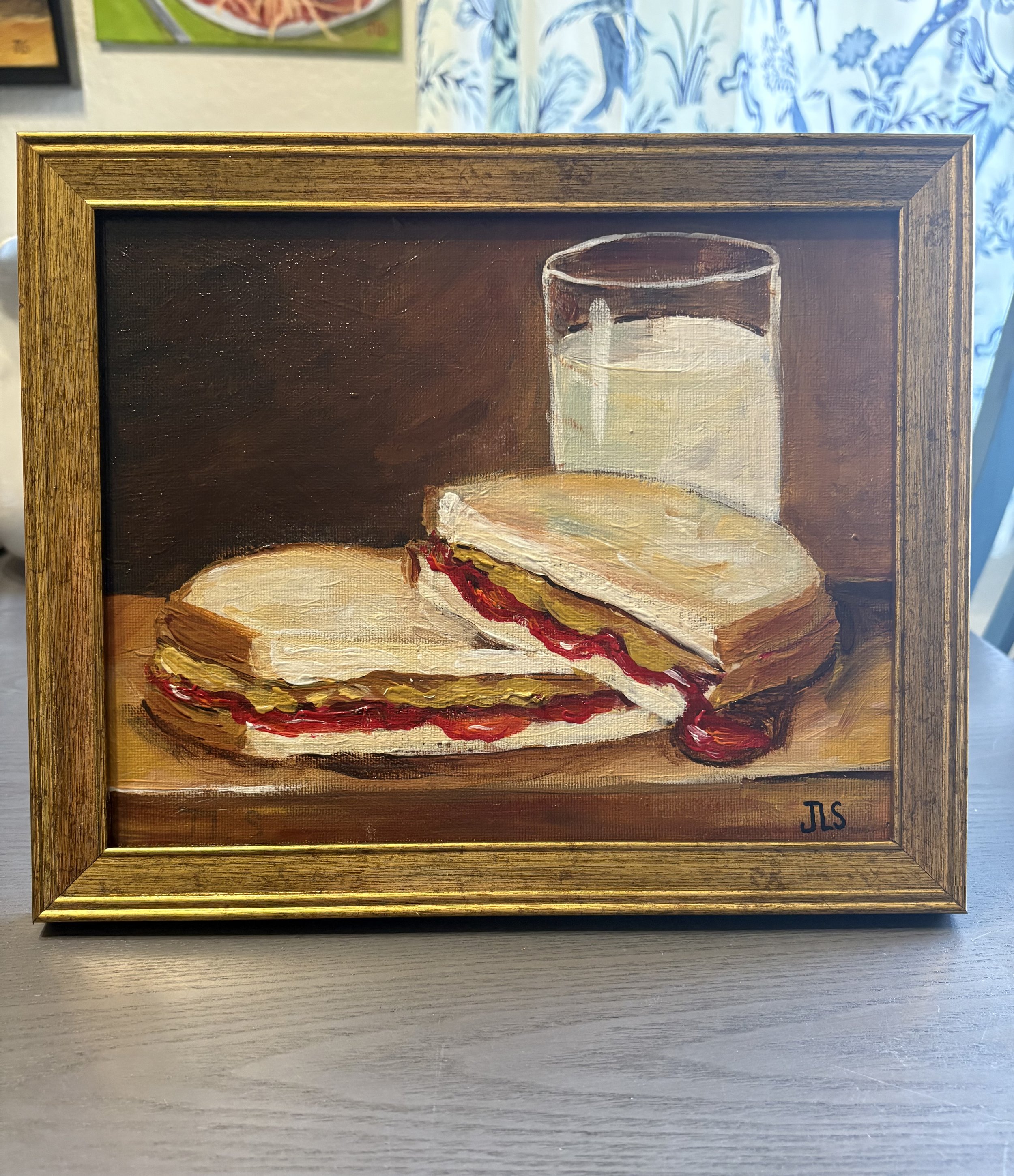 Peanut Butter and Jelly Sandwich With Milk Painting 8" x 10” Framed, Free Shipping