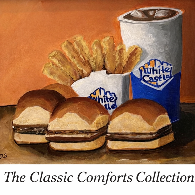 A painting of fast food meal with sandwiches, French fries, and a soda.