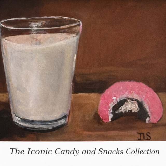 Painting of a glass of milk and a pink and black candy snack on a wooden surface with the caption "The Iconic Candy and Snacks Collection".