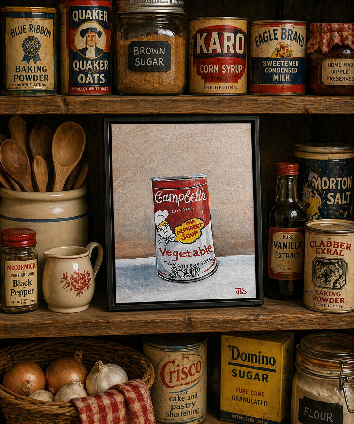 Campbell’s vegetable alphabet soup can with red and white label and chef illustration