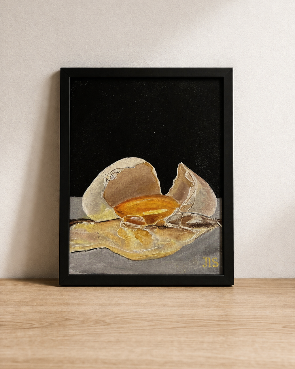 Realistic painting of a cracked raw egg on a black background.