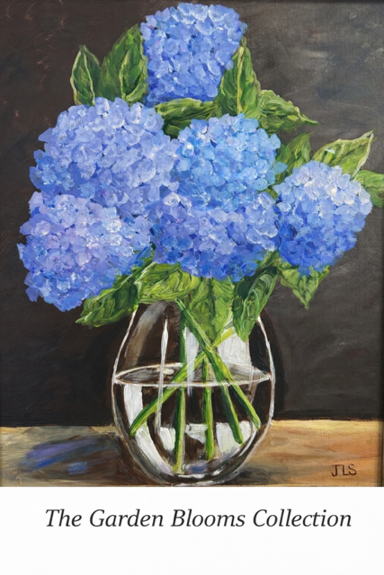 Painting of blue hydrangea flowers in a glass vase on a dark background with the caption 'The Garden Blooms Collection'.