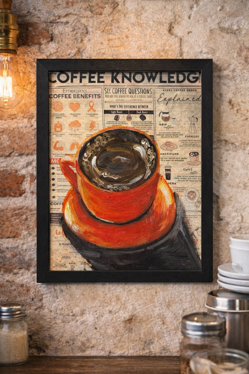 Mixed media painting of a vibrant red coffee cup filled with coffee.