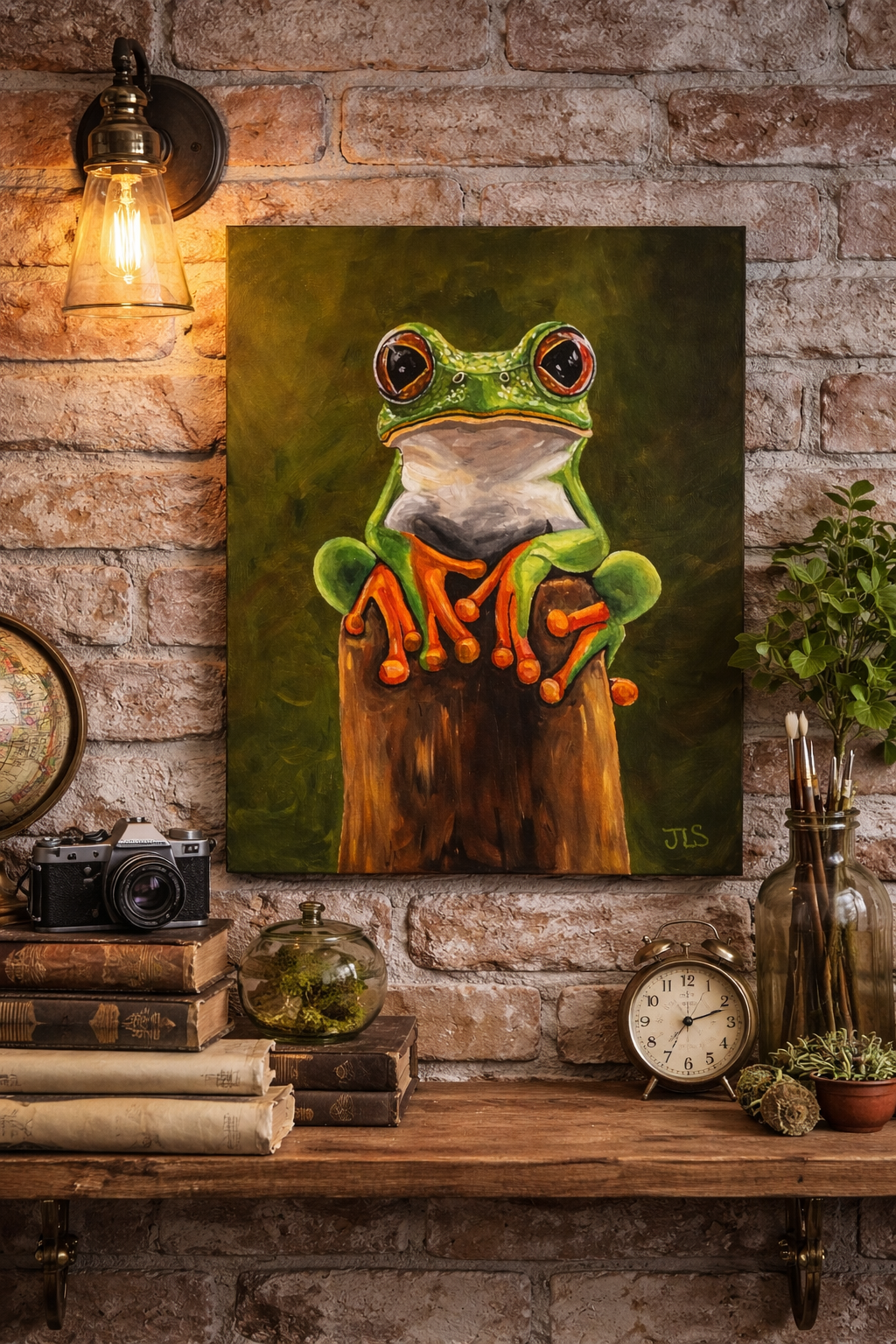 Detailed painting of a colorful tree frog on a tree stump.