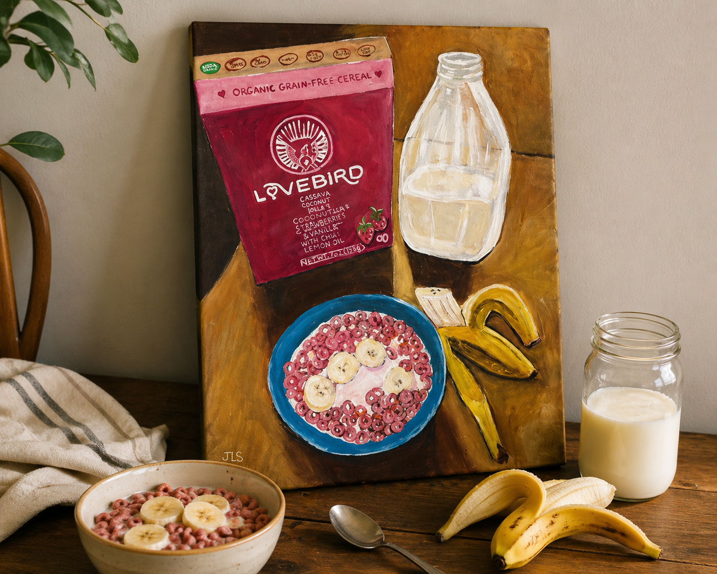 Breakfast scene with cereal, banana, milk bottle, and cereal box