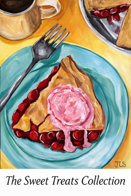 A plate with a slice of cherry pie topped with pink ice cream, surrounded by whole cherries, on a yellow table with a fork and a cup of coffee nearby.
