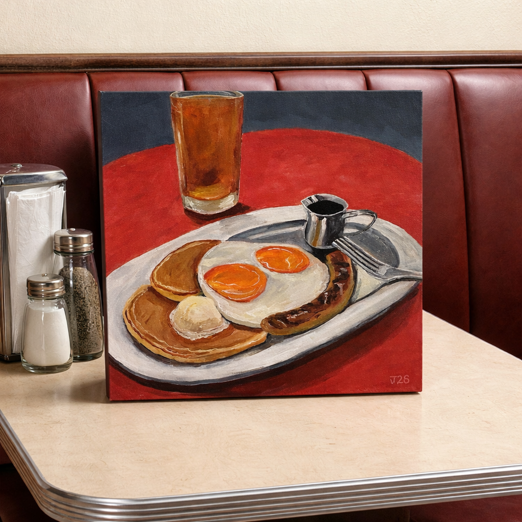 Vibrant diner food painting of two sunny side up eggs and a sausage arranged as a smiley face.
