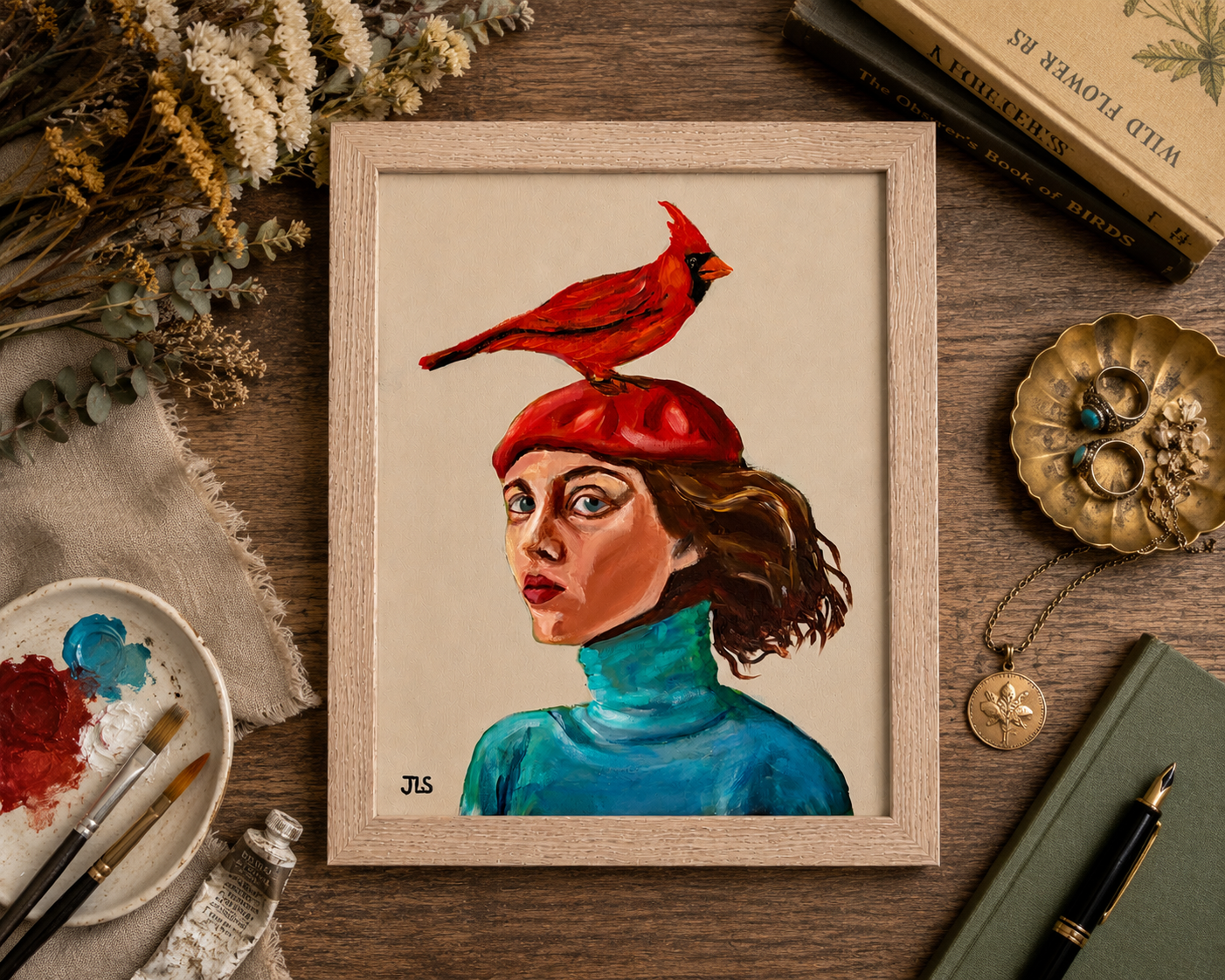 Red cardinal perched on a woman’s red beret above a teal sweater portrait with painterly brushstrokes and soft neutral tones.
