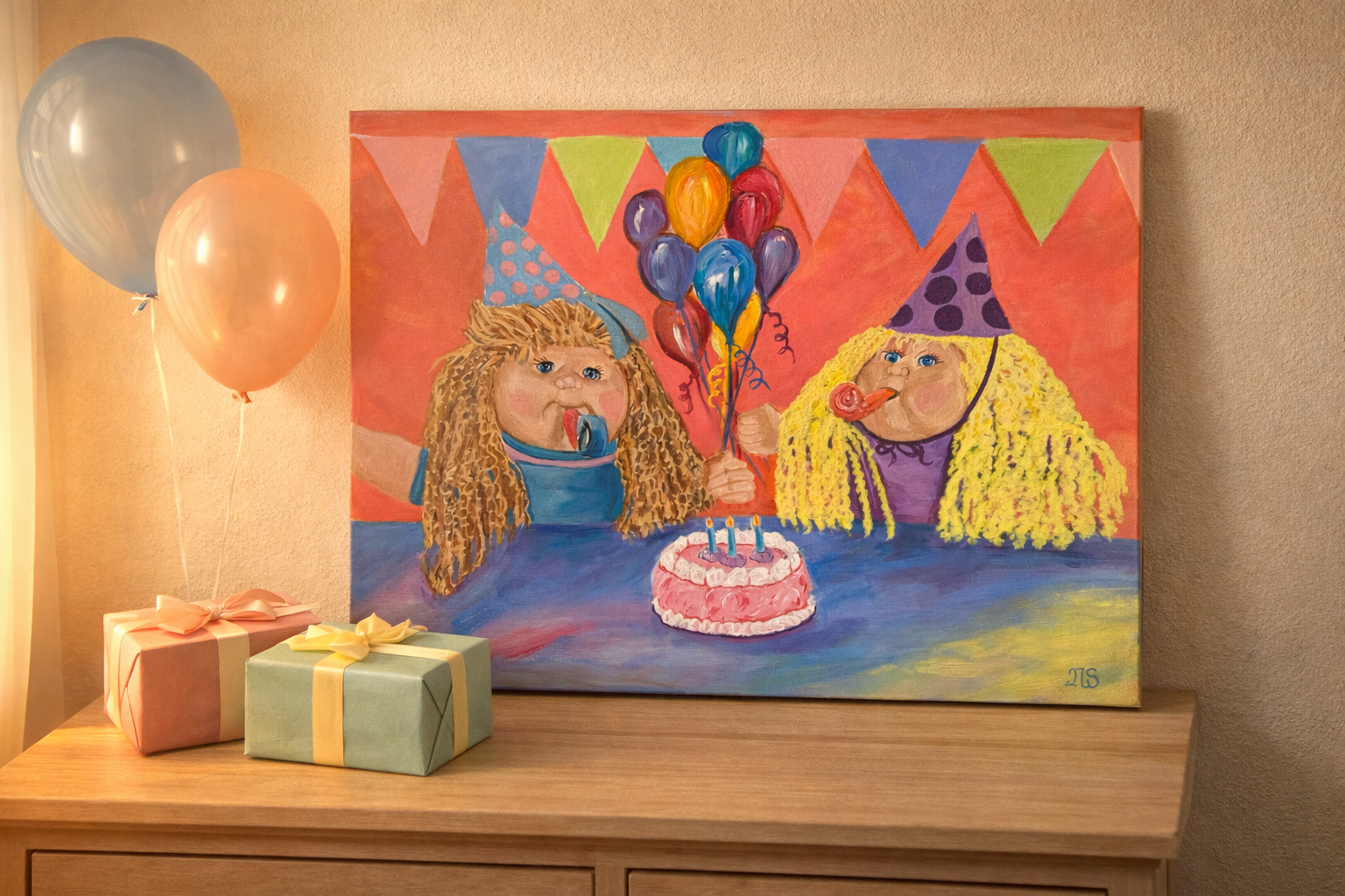 Colorful birthday party painting of two Cabbage Patch dolls with balloons and cake, nostalgic childhood artwork