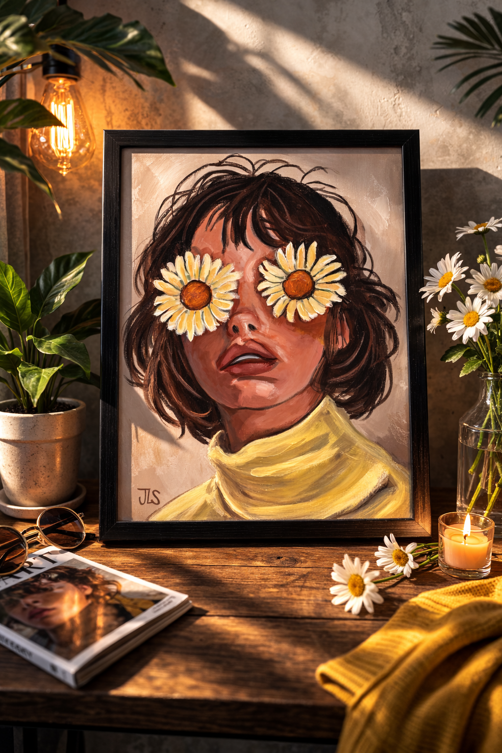Painting of a girl with daisies covering her eyes.