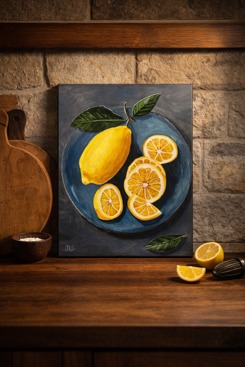 Vibrant lemons on blue plate still life painting, bright citrus artwork with bold color contrast and classic composition