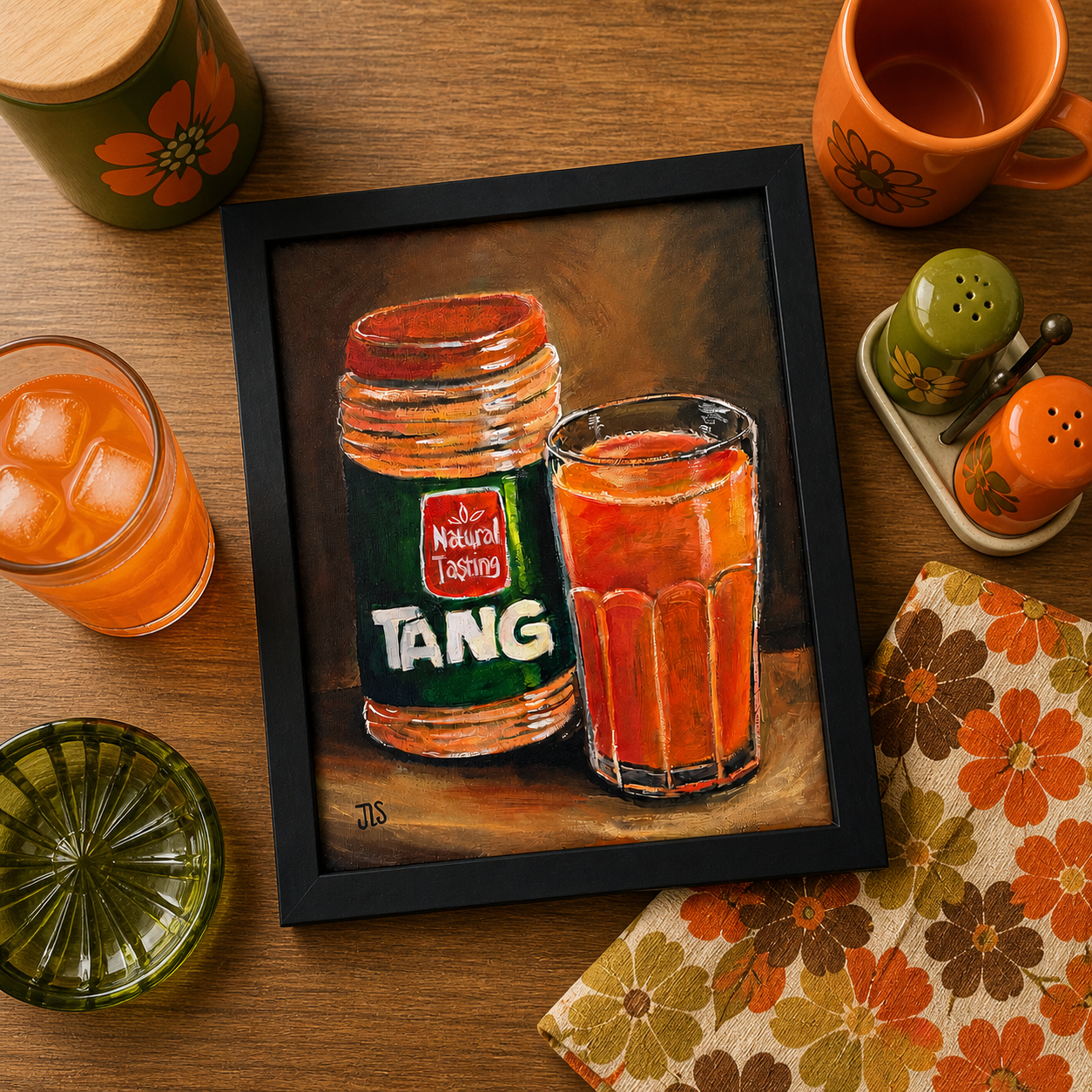 Vintage Tang jar and glass of orange drink still life