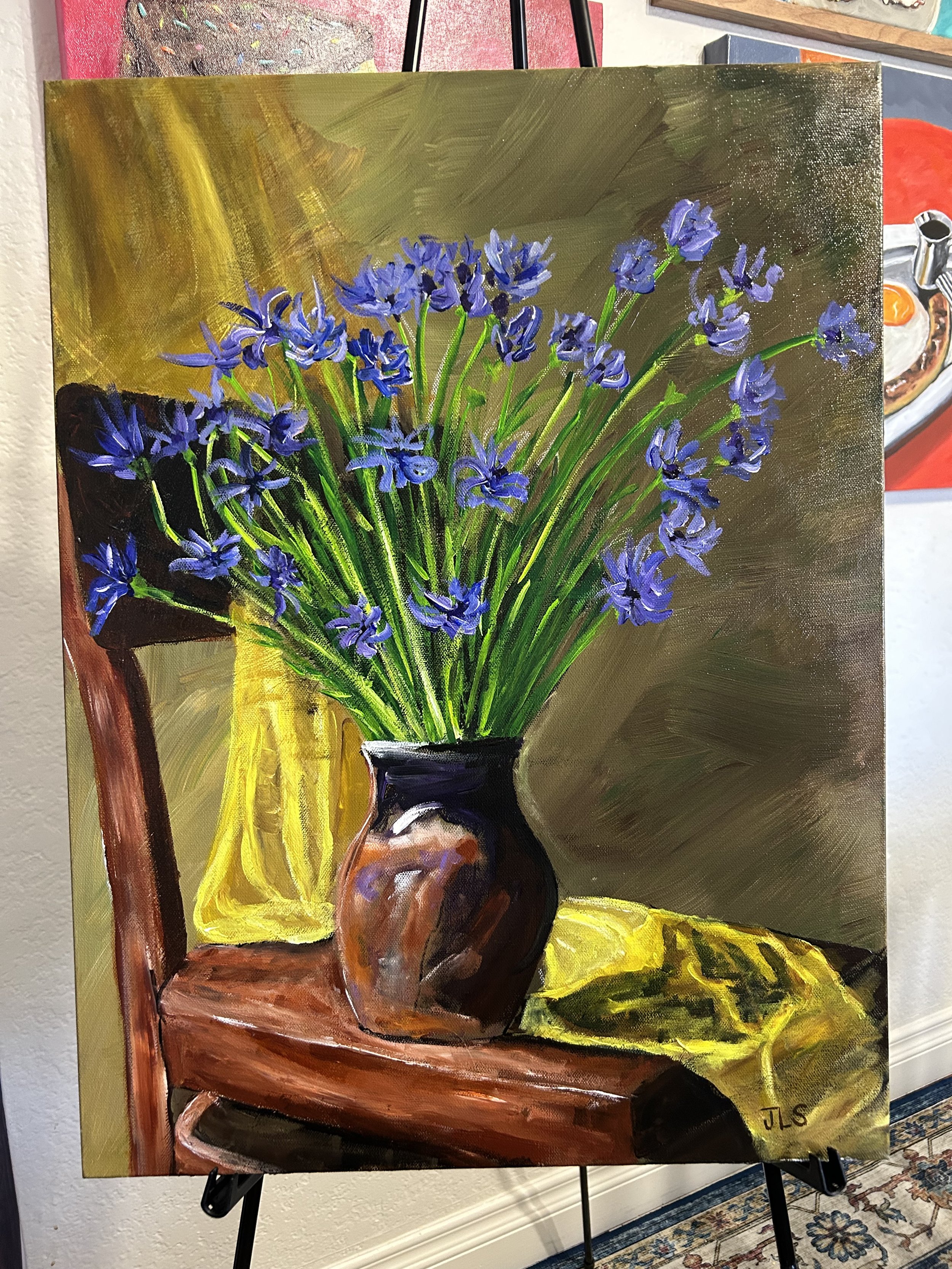 classic still life artwork vibrant purple and yellow floral