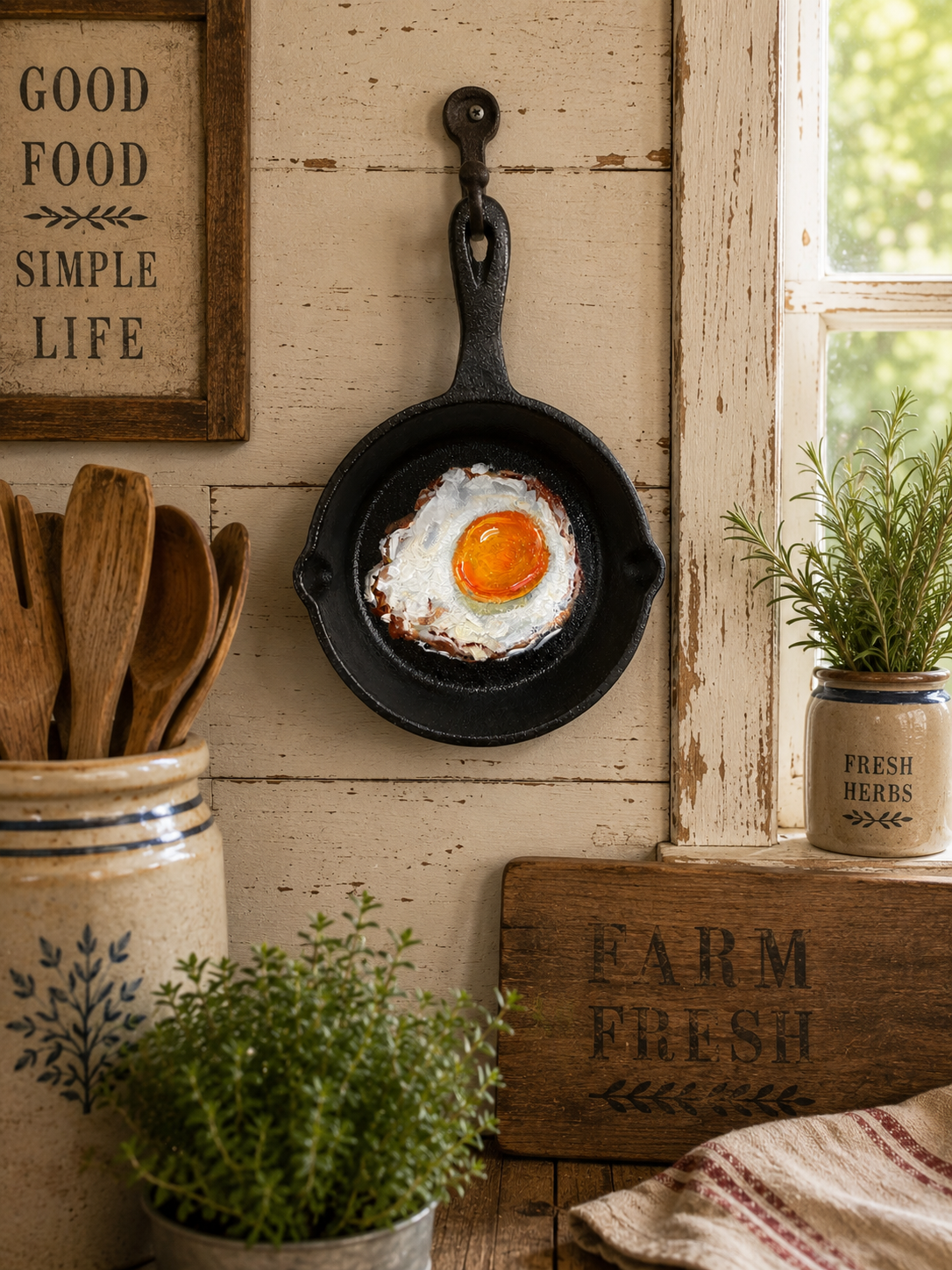 Painting of a sunny-side-up fried egg inside a miniature 4-inch cast-iron skillet with a 2-inch handle, displayed as rustic farmhouse kitchen wall art.