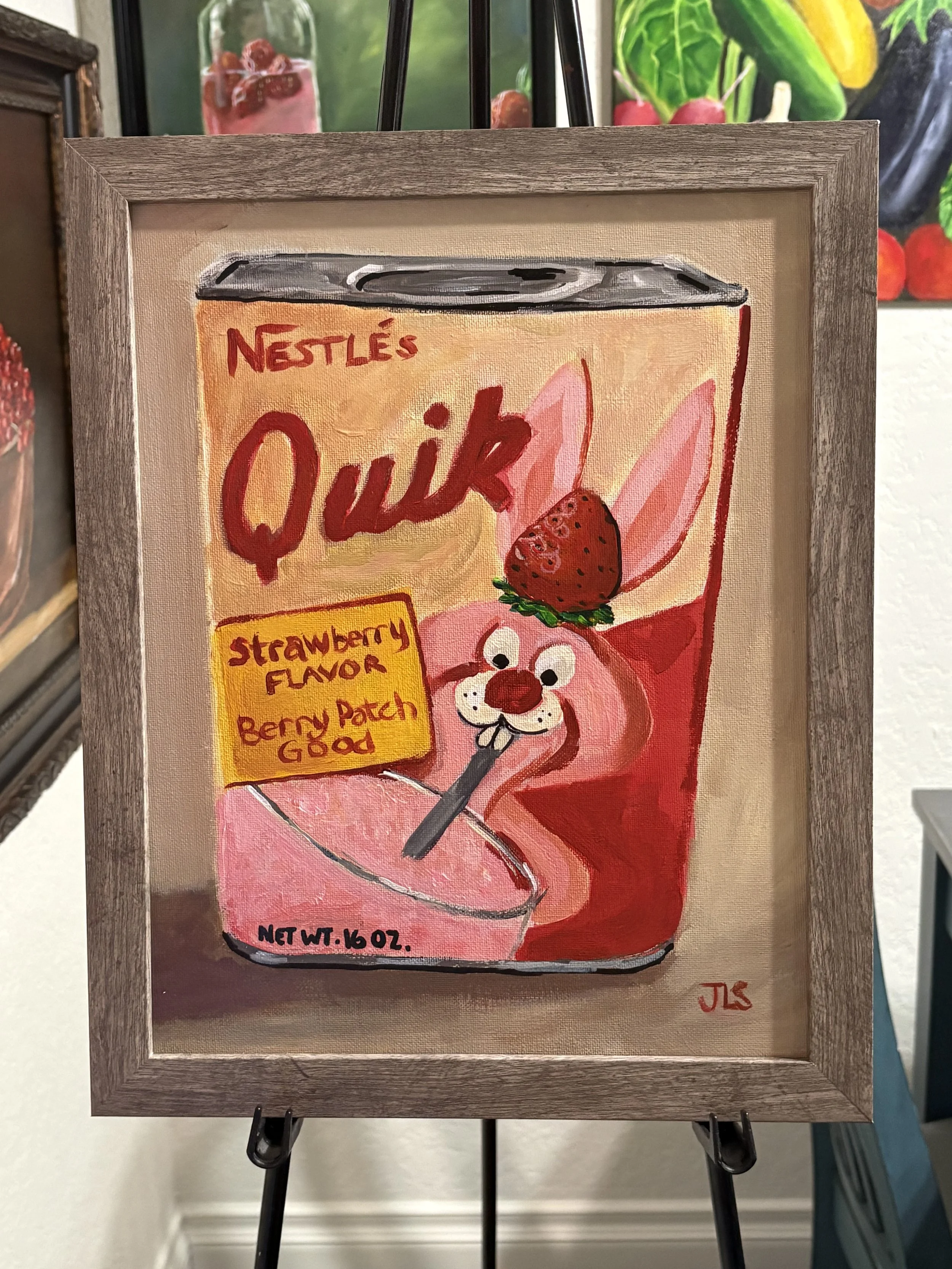 Framed nostalgic food painting with Nestlé Strawberry Quik bunny illustration, pink strawberry graphics, and warm retro pantry-inspired tones.
